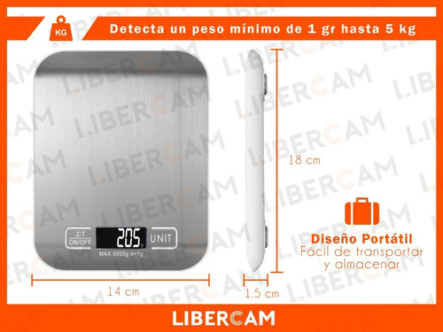 Imagen 2 de 7 de Balanza Digital De Cocina 5kg Electrónica Acero Inoxidable Color Plateado