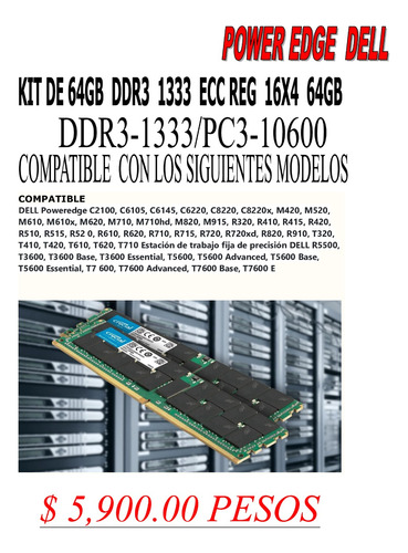 Kit De Actualización De Ram De 64 Gb  Ecc Reg 16x4   Dell