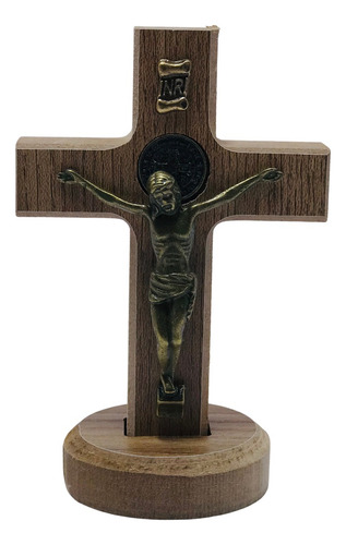 Crucifixo Cruz Mesa Parede Medalha São Bento Madeira 12cm