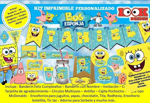 Kit Imprimible Candy Bar Bob Esponja Personalizado Pdf