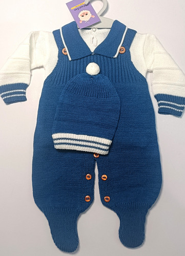 Conjunto Nacimiento Tejido Overall, Gorrito, Chambrita Azul