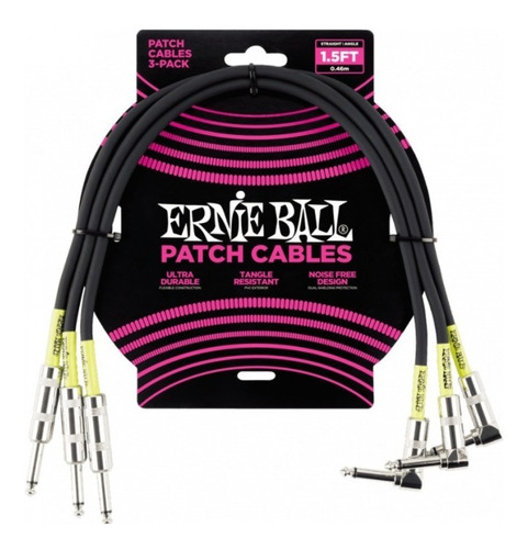 Ernie Ball Pack 3 Cable Instrumento P06076 45 Cm Patch Negro
