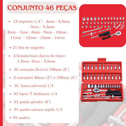 Jogo Kit Ferramentas Connect Ecom 46 Peças Chaves Fenda Philips Catraca Soquetes Combo Completo Crv Bits 1/4