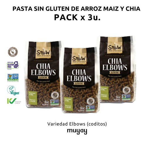 Pack 3u Pasta Sin Gluten Chia Maiz Arroz - Elbows (coditos)