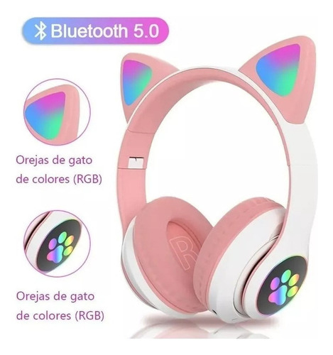 Audífonos Rgb Para Oreja De Gato Bluetooth 5.0 Bass Noise Color Rosa