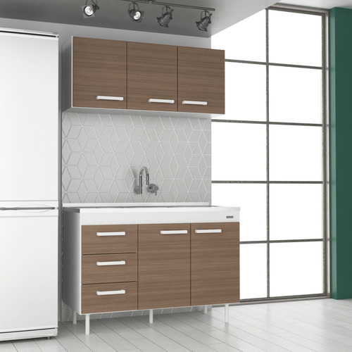 Mueble Cocina Combo 1,20 Mt. Alacena + Bajo Mesada Sin Bacha Color Blanco Frente Carvalho Mezzo