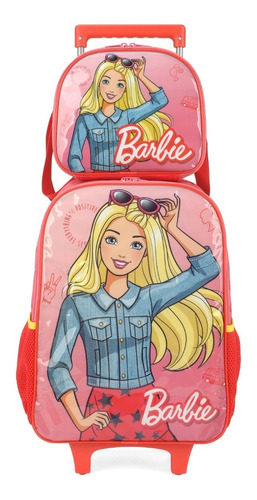 Kit Mochila Lancheira Escolar Menina Rodinha Barbie