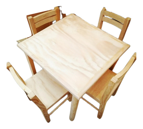 Mesa Infantil Con 4 Sillas De Madera Solida De Pino