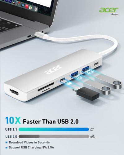 Acer Usb C Dock, 7 En 1 Usb C A Hdmi Hub, 2 Usb 3.1 Gen1 Y P