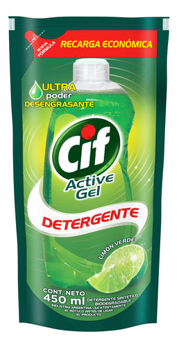 Imagen 1 de 1 de Detergente Cif Active Gel Limón Verde Dp 450ml