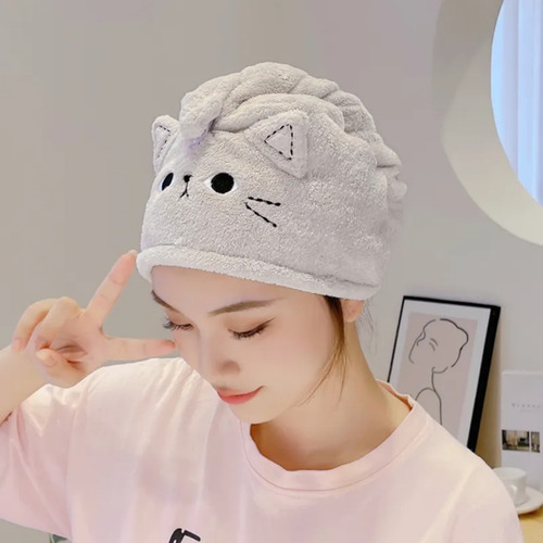 Toalla Turbante De Microfibra Suave Secado Rápido Chufi Gris Gatito