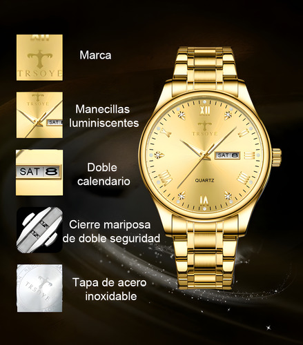 Reloj De Cuarzo Dorado Con Calendario Luminoso Caballero Dorado Dorado Dorado