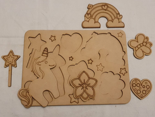3 Encastre Rompecab Princesas Unicornio Fibrofácil Con Base