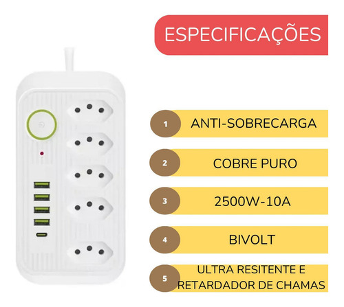 Extensão 5 Tomadas 4 Usb 1 Tipo C Pd Led Bivolt 110v 220v 2m