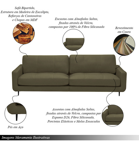 Sofá Isaac 3 Lugares 210cm Couro Fendi