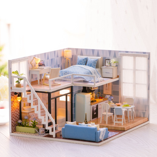 Galapara Casa de muñecas de madera DIY en miniatura Loft Dollhouse Kit realista Mini 3D Casa de Madera Habitación hecha a mano juguete con muebles luces LED Día de San Valentín Regalo de cumpleaños 