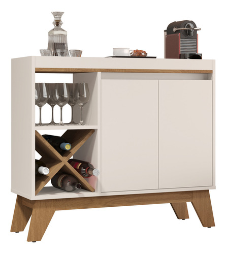 Buffet Barzinho Porto Belo 2 Portas Aparador Adega Bebidas Cor Off White / Freijó