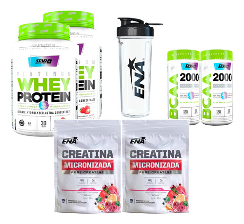 Kit 2 Proteina Frutilla + 2 Creatinas + 2 Bcaa 2000 + Shaker