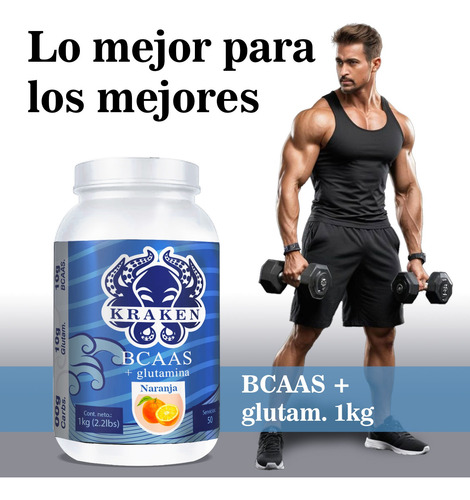 Aminoácidos Bcaas + Glutamina Kraken 1kg 100 Servicios Naranja