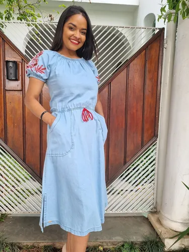 Vestido Jeans Feminino Evas God Tencel Bordado Lindo 185