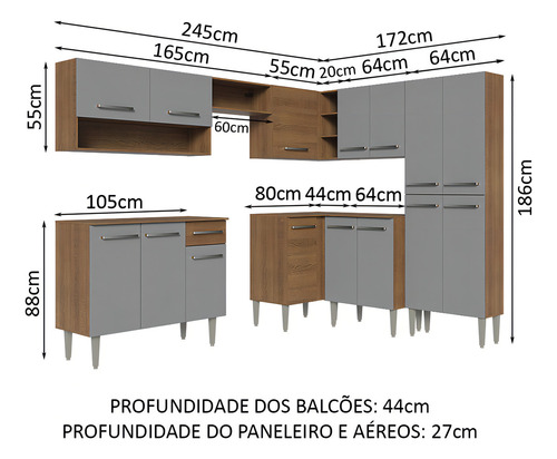 Mueble de Cocina de Esquina Completa Madesa Emilly 417cm 02 Color Rústico/Gris