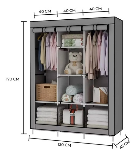 Closet Armable Ropero Rack Guardaropa Recamara Organizacion Color Gris Claro 175*130*45 Cm