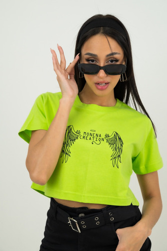 Crop Top Mujer Remera Estampada Manga Corta Algodon Basic 