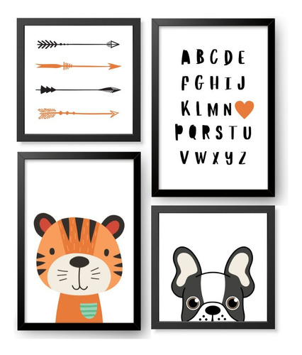 Quadro Decorativo Infantil Animais Alfabeto Tigre Cachorro