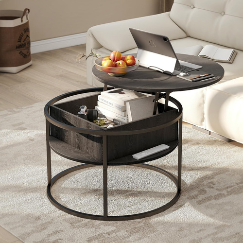 Mesa De Centro Redonda Elevable Negra Con Compartimento Ocul