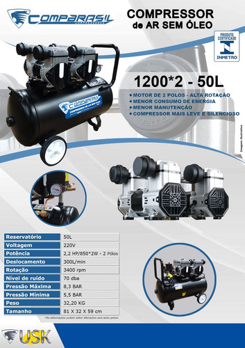 Compressor De Ar Compbrasil Silencioso Isento Óleo 50l