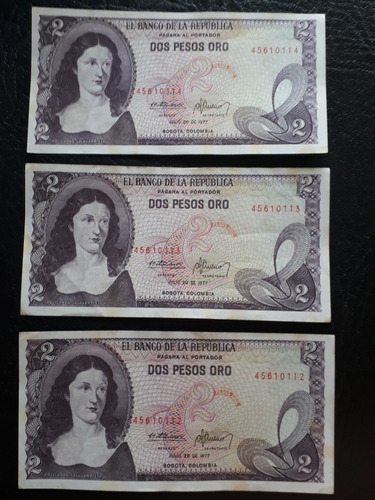 Colombia Trio Consecutivos Billetes De 2 Pesos De 1977 