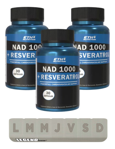 Eth Nad 1000 + Resveratrol Suplemento 3 Potes X 30 Cápsulas + Pastillero Legend Nutrition