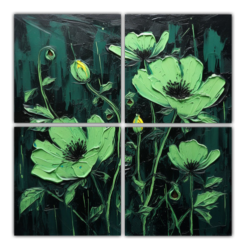 140x140cm Cuadro De Flores Verdes Y Negras Para El Comedor