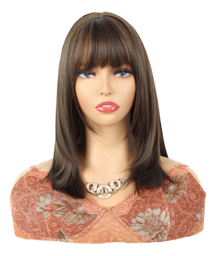 Peluca Sintética Brown Bob De Fibra Recta Para Mujer Queentas MZFP14002K Color Castaño Oscuro Tamaño De La Base M