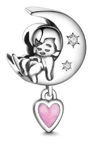 Charm Bebé, Media Luna Y Corazón Rosa Plata 925 Silver Heart