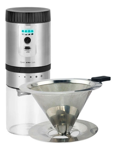 Kit Moedor De Café Elétrico Recarregável Coador Filtro Inox