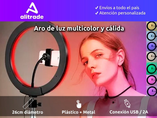 Aro De Luz Led 26 Cm Luz Rgb Calida Fria + Trípode 2.10 Mt