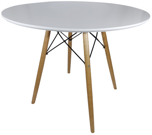 Mesa Redonda 90cm Eiffel Charles Eames Branca Pé Metal Aço E Madeira Cru Eucalipto JT HOME