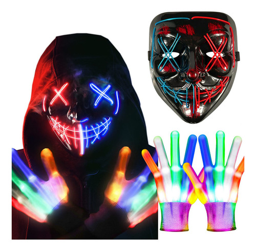 Guantes Esqueleto Con Mascara Hacker Con Purgas Led D