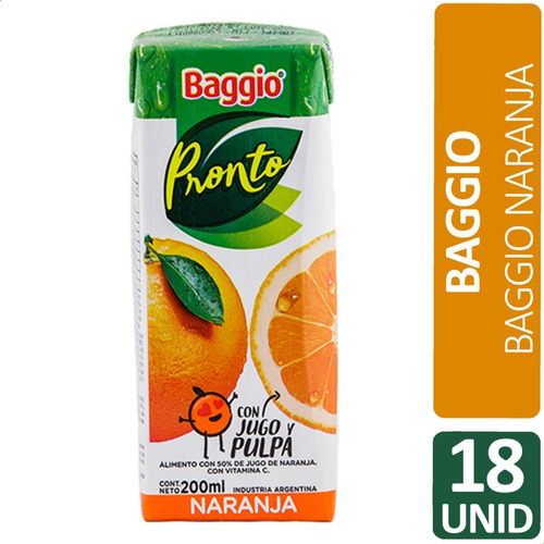 Imagen 1 de 6 de Jugo Baggio Naranja Clasica 200ml Pronto Natural Pack X18