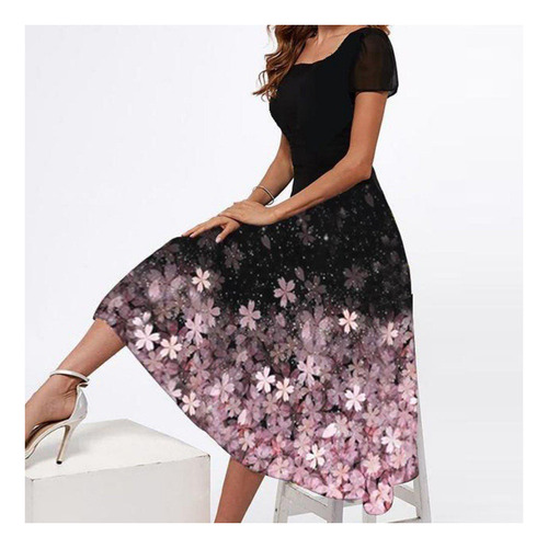 Elegant Women's Long Dress Printed Short Sleeves