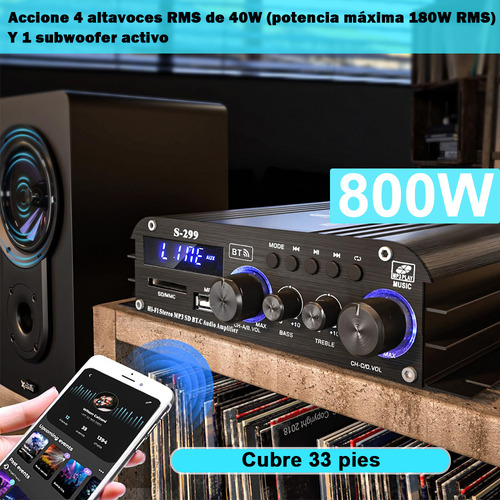 Amplificador De Audio Hifi Estereo Bluetooth Bt/aux/rca/tf/usb/sd/mp3 4.1 Canales 800 W Alta Potencia Para Casa Ampliamente Compatible Con Mando A Distancia Con Interfaz Para Subwoofer S-299