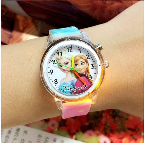Reloj Frozen Princesas Ana Y Elsa Con Luz Niñas Infantil Correa Rosa Claro Bisel Plateado