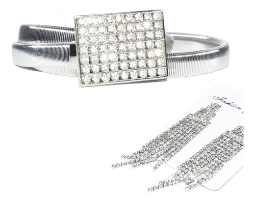 Pack Cinto Tresher Elastizado Cuadrada Strass + Aros Lluvia Plateado Lisa Único