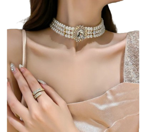 Collar De Perlas Dama Varias Capas Dije Gargantilla Elegante