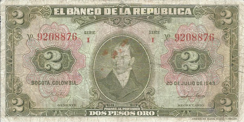 Colombia 2 Pesos Oro 20 Julio 1943 Dígitos 7