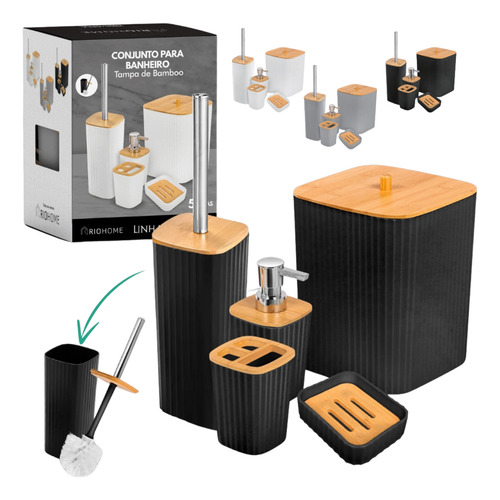 Kit Conjuto Acessórios P/ Banheiro Lavabo Luxo 5 Peças Bambu