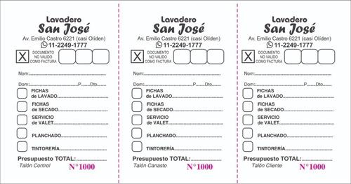 20 Talonarios Ticket Valet Lavadero 3 Cupones Numerado 11x22