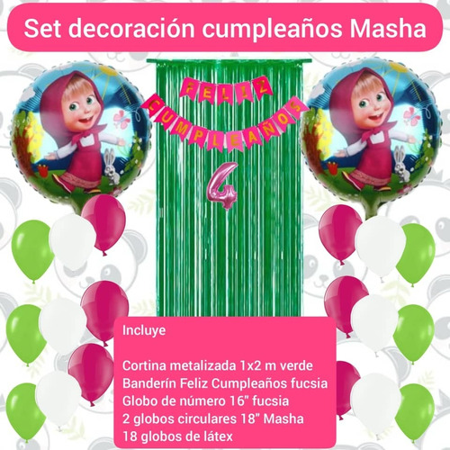 Combo Decoración Cumpleaños Masha Y El Oso Cortina Banderin