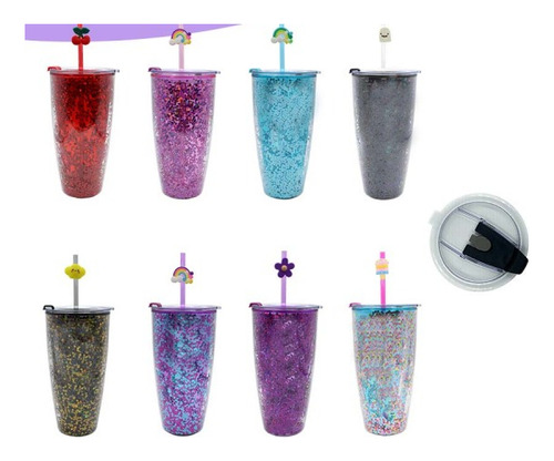 Vaso Glitter Mayoreo 24 Pzas Incluye Popote + Figura Regalo